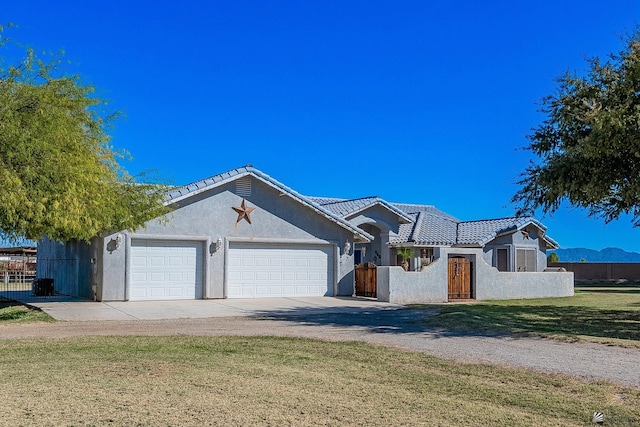 single story home featuring a tiled roof, a garage, fence, concrete driveway, and stucco siding