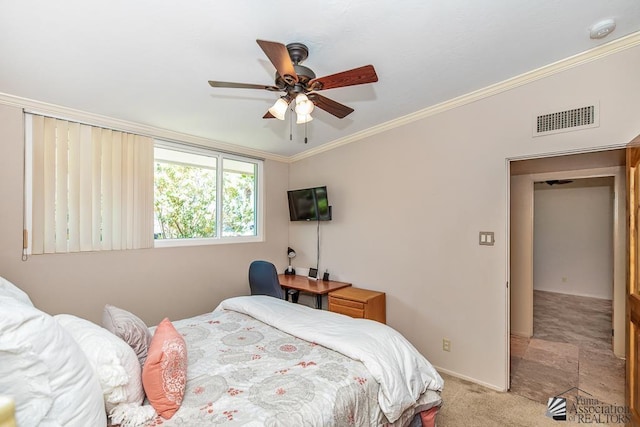 500 E Country Club Dr # 14, Yuma, AZ 85365 - bedroom with light colored carpet, ceiling fan, visible vents, and ornamental molding