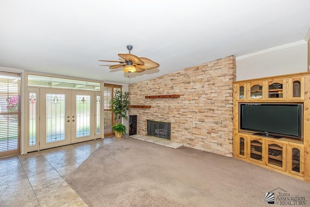 500 E Country Club Dr # 14, Yuma, AZ 85365 - unfurnished living room featuring french doors, crown molding, ceiling fan, and a tiled fireplace