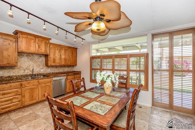 500 E Country Club Dr # 14, Yuma, AZ 85365 - dining room featuring crown molding, track lighting, stone tile flooring, baseboards, and ceiling fan