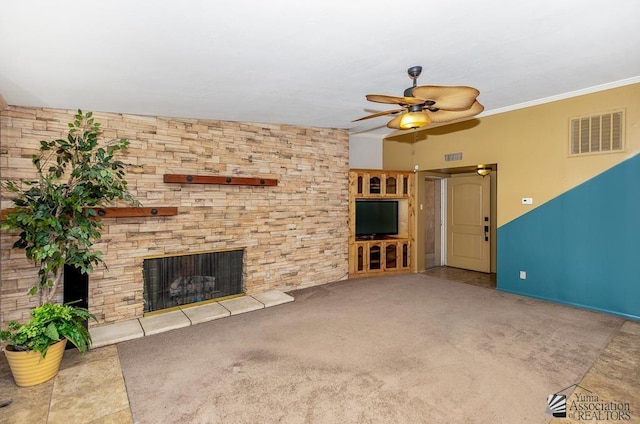 500 E Country Club Dr # 14, Yuma, AZ 85365 - unfurnished living room featuring carpet floors, a ceiling fan, visible vents, and a fireplace