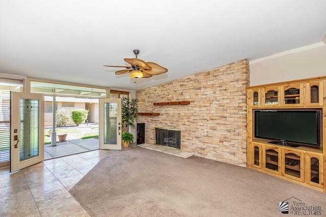 500 E Country Club Dr # 14, Yuma, AZ 85365 - unfurnished living room featuring ceiling fan, a fireplace, and ornamental molding