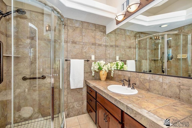 500 E Country Club Dr # 14, Yuma, AZ 85365 - full bath featuring vanity, tile walls, a shower stall, and tile patterned floors