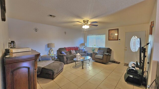 4671 W 21st Ln, Yuma, AZ 85364 - living room featuring a ceiling fan, light tile patterned floors, and a textured ceiling