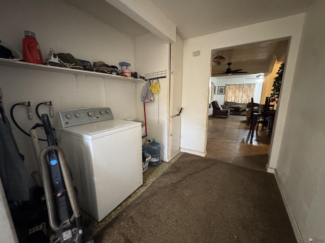 laundry room with carpet, washer / clothes dryer, ceiling fan, tile patterned flooring, and laundry area