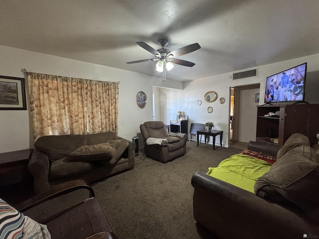 carpeted living room featuring visible vents and a ceiling fan