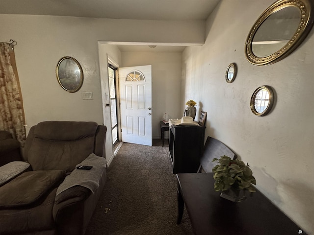 entrance foyer featuring dark carpet