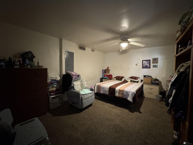 bedroom featuring a ceiling fan, dark carpet, visible vents, and electric panel