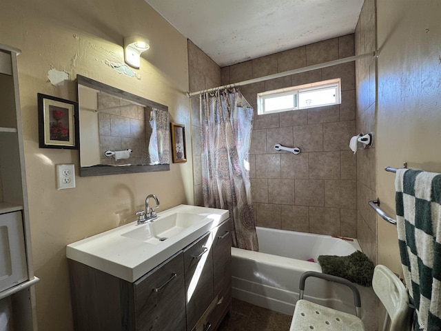 bathroom with shower / bath combination with curtain and vanity