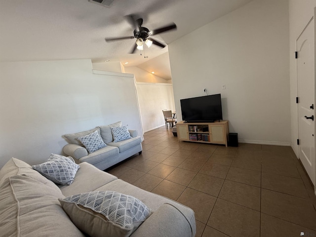 126 N Joe Harper Ct, San Luis, AZ 85349 - living area featuring tile patterned flooring, lofted ceiling, a ceiling fan, and baseboards