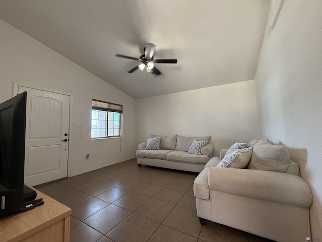 126 N Joe Harper Ct, San Luis, AZ 85349 - living room featuring lofted ceiling, tile patterned flooring, ceiling fan, and baseboards