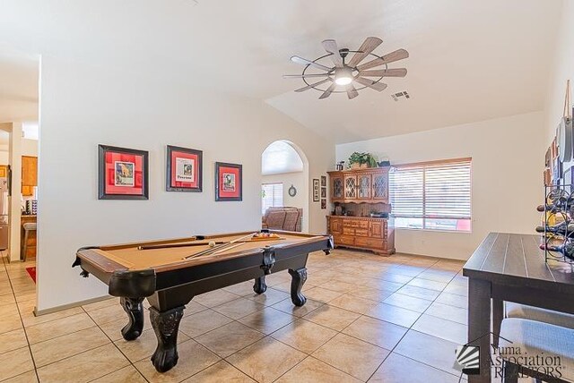 6324 E 45th Ln, Yuma, AZ 85365 - playroom with a ceiling fan, lofted ceiling, light tile patterned floors, and billiards table