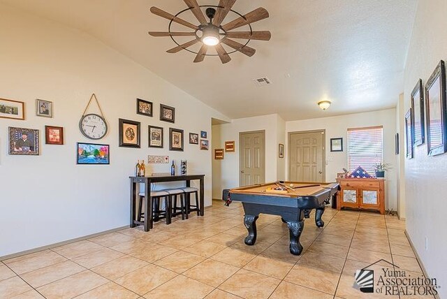 6324 E 45th Ln, Yuma, AZ 85365 - playroom with ceiling fan, billiards table, vaulted ceiling, and light tile patterned flooring