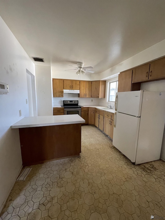 kitchen with kitchen peninsula, stainless steel range with electric stovetop, ceiling fan, sink, and white fridge