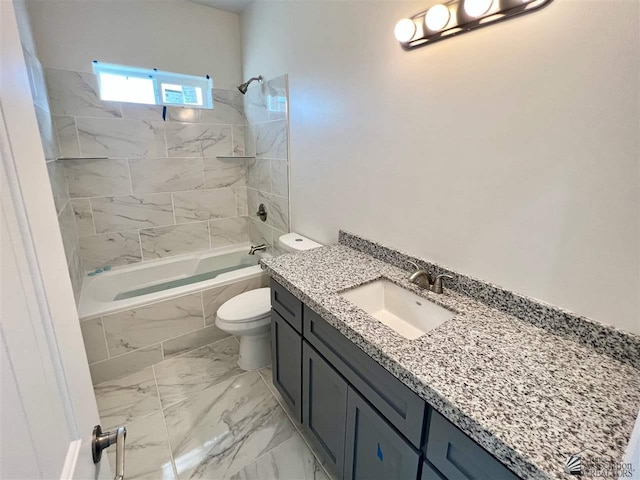 full bathroom with tiled shower / bath combo, toilet, and vanity