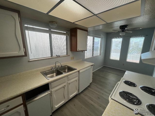 kitchen featuring sink, white cabinetry, a paneled ceiling, dark hardwood / wood-style floors, and white appliances