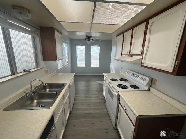 kitchen with dark wood-type flooring, sink, white cabinetry, ceiling fan, and white appliances