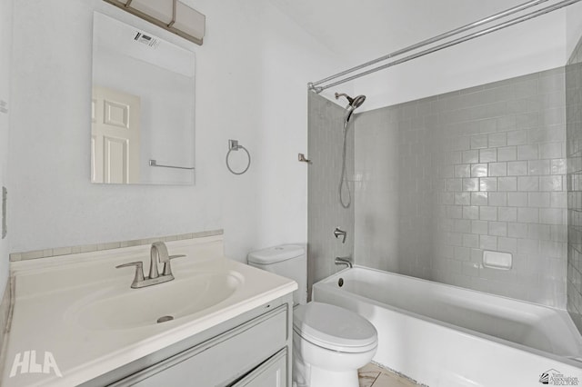 full bathroom with vanity, shower / bathing tub combination, toilet, and visible vents