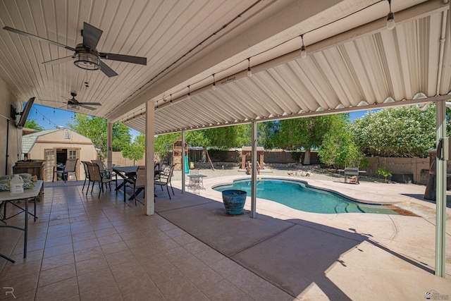 4031 W 16th Pl, Yuma, AZ 85364 - view of pool featuring a fenced backyard, a patio, outdoor dining area, and ceiling fan