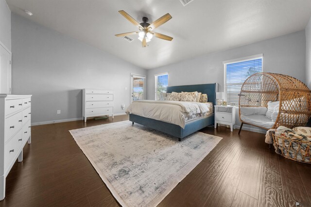 6194 E 46th Ln, Yuma, AZ 85365 - bedroom with vaulted ceiling, dark wood-style floors, baseboards, and ceiling fan