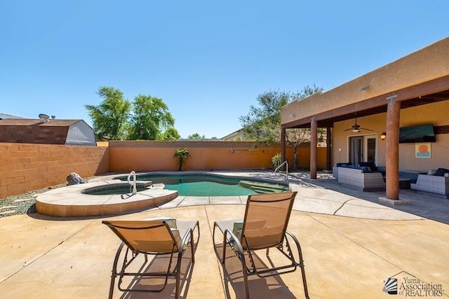 10758 E 39th St, Yuma, AZ 85365 - view of pool featuring an outdoor living space, a patio area, a fenced backyard, and a ceiling fan