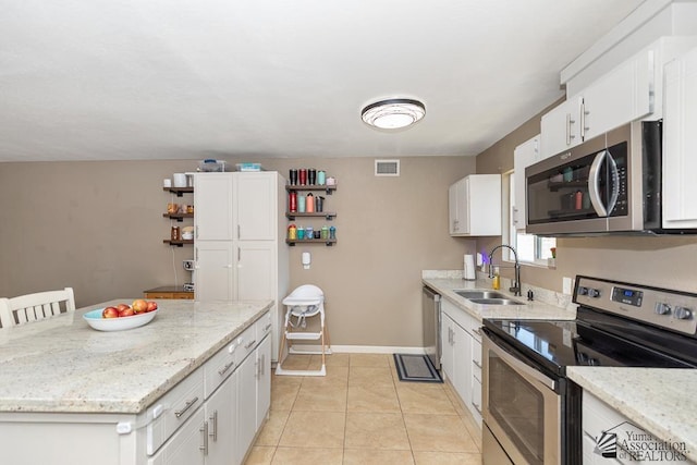 kitchen featuring visible vents, open shelves, a sink, white cabinets, and stainless steel appliances