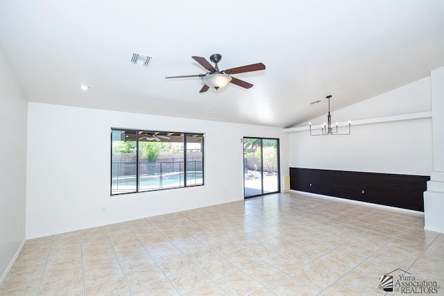 2967 S 47th Ave, Yuma, AZ 85364 - unfurnished room with lofted ceiling, ceiling fan, a chandelier, light tile patterned floors, and recessed lighting