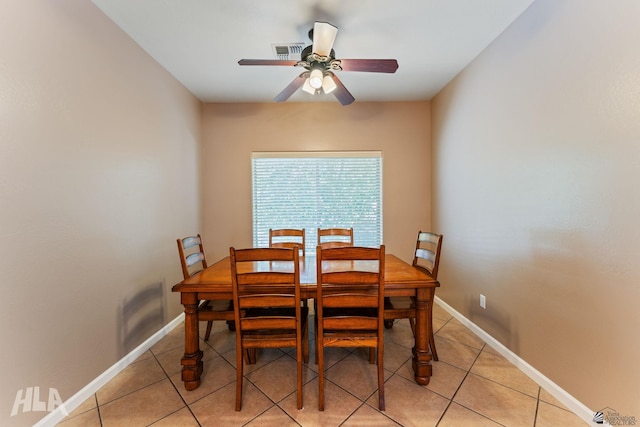 dining space with a ceiling fan, baseboards, visible vents, and light tile patterned floors