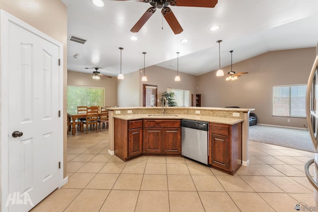 kitchen featuring ceiling fan, vaulted ceiling, dishwasher, a sink, and open floor plan