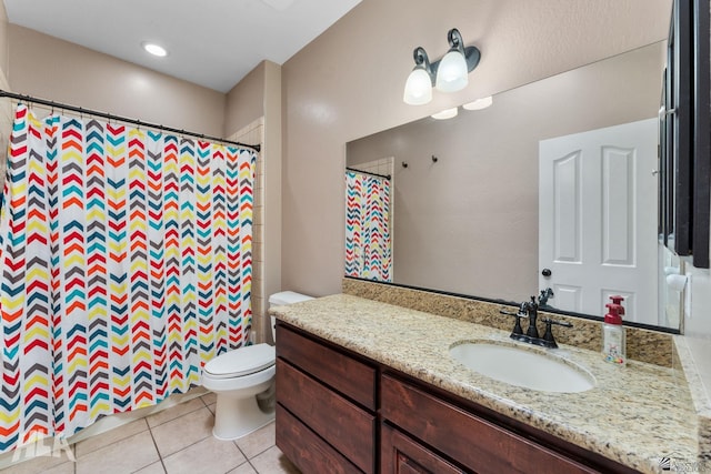 full bathroom with toilet, tile patterned floors, a shower with curtain, and vanity