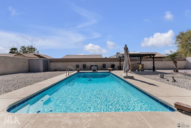 view of swimming pool featuring a patio area, a fenced backyard, a fenced in pool, and a pergola