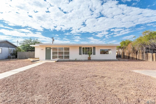 rear view of house with stucco siding, fence, and cooling unit