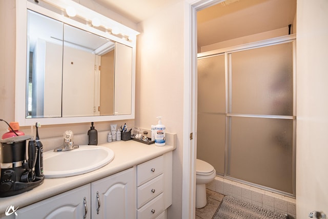 2231 S Elks Ln # 67, Yuma, AZ 85364 - bathroom with a shower stall, vanity, toilet, and tile patterned floors