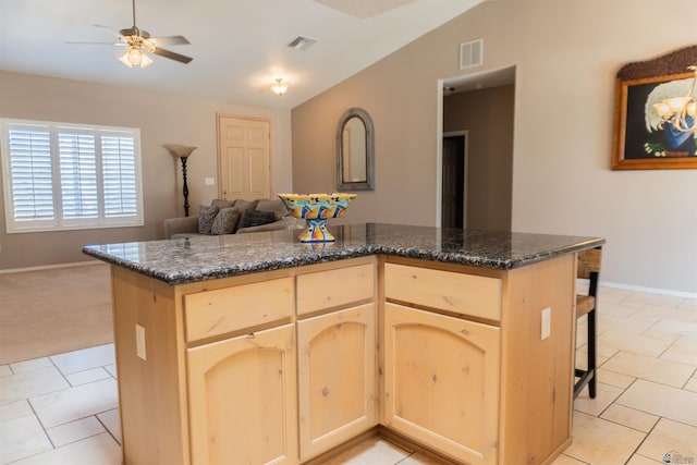 11519 E Del Verde St, Yuma, AZ 85367 - kitchen with light brown cabinets, open floor plan, a ceiling fan, lofted ceiling, and baseboards