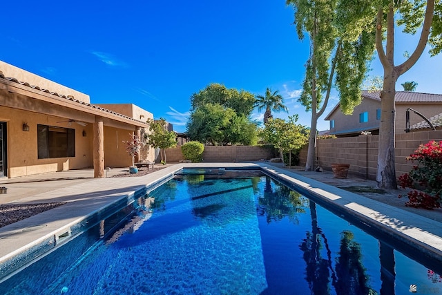 view of swimming pool featuring ceiling fan and a patio