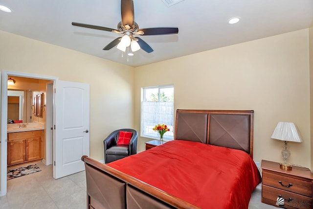 13459 E 43rd Ln, Yuma, AZ 85367 - bedroom featuring recessed lighting, ceiling fan, light tile patterned floors, and ensuite bathroom