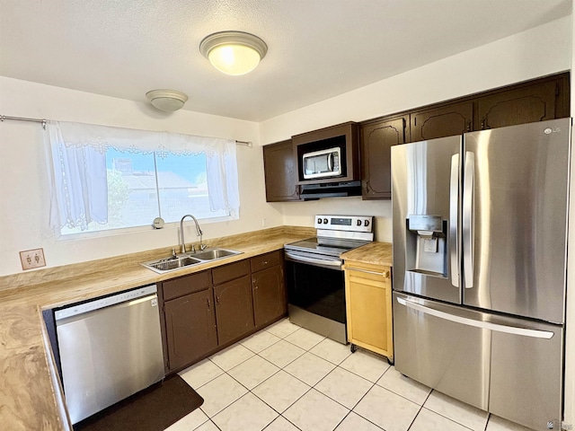 4447 W 14th Pl, Yuma, AZ 85364 - kitchen featuring appliances with stainless steel finishes, exhaust hood, dark brown cabinetry, and light tile patterned flooring