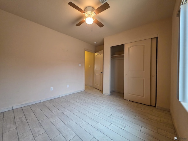 10791 S Sonora St, Yuma, AZ 85367 - unfurnished bedroom featuring baseboards, ceiling fan, a closet, and light wood-type flooring