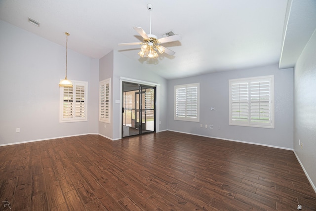 10388 S Fairway Loop, Yuma, AZ 85367 - unfurnished room with lofted ceiling, a ceiling fan, plenty of natural light, and dark wood finished floors