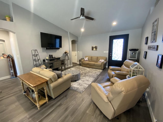 14673 E 52nd St, Yuma, AZ 85367 - living area featuring a ceiling fan, wood finished floors, lofted ceiling, recessed lighting, and arched walkways
