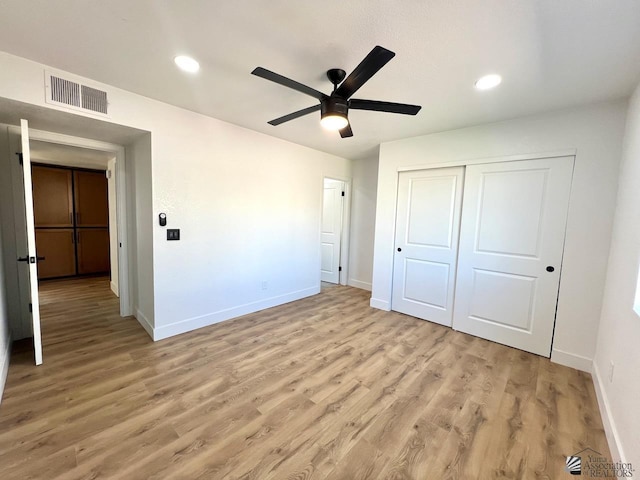 2461 S 17th Ave, Yuma, AZ 85364 - unfurnished bedroom featuring light wood finished floors, recessed lighting, a closet, and ceiling fan
