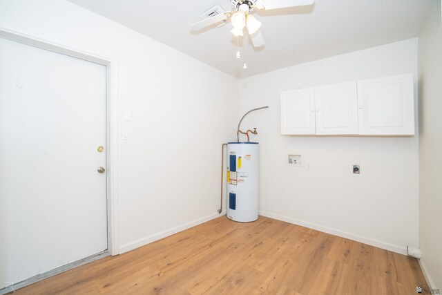 2794 W 27th Ln, Yuma, AZ 85364 - washroom with electric water heater, hookup for an electric dryer, ceiling fan, hookup for a washing machine, and light wood-style floors
