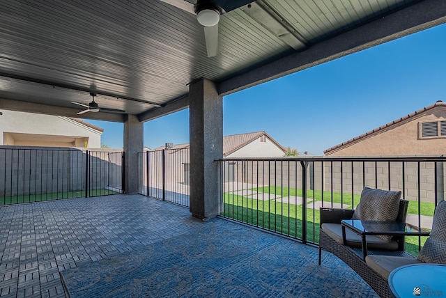 view of patio / terrace featuring a fenced backyard and ceiling fan