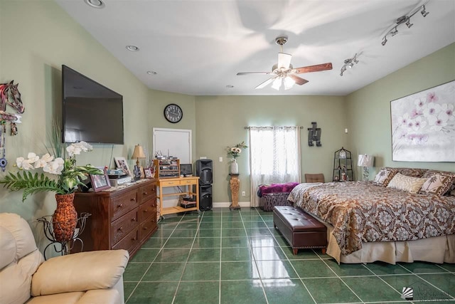 bedroom featuring recessed lighting, tile patterned floors, ceiling fan, and rail lighting