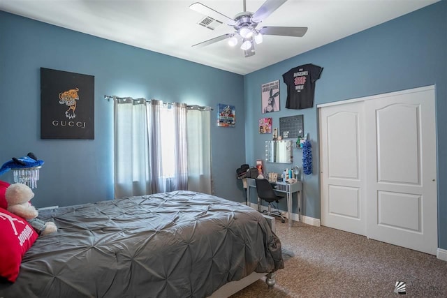 carpeted bedroom featuring baseboards, ceiling fan, a closet, and visible vents