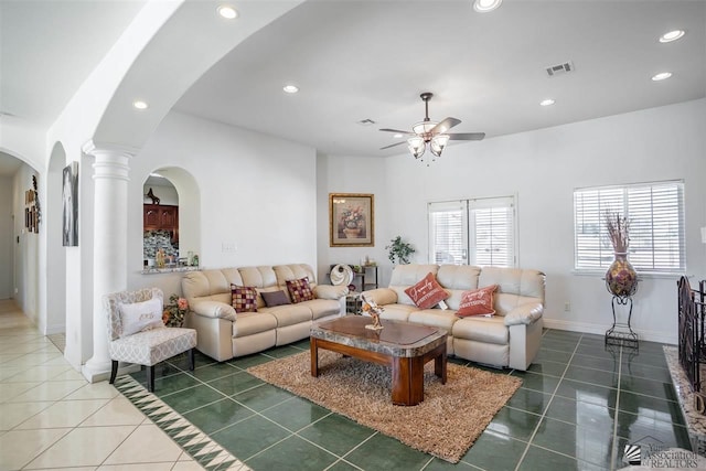 living area with visible vents, recessed lighting, ceiling fan, and tile patterned flooring