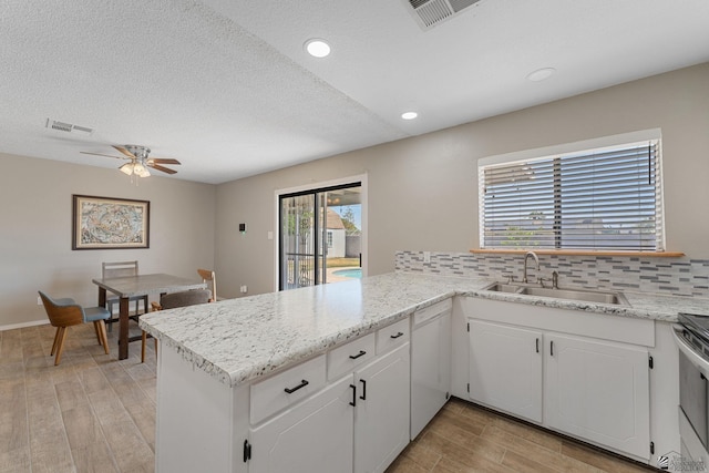 2213 W Pueblo St, Yuma, AZ 85364 - kitchen with dishwasher, a sink, a peninsula, light wood-type flooring, and decorative backsplash