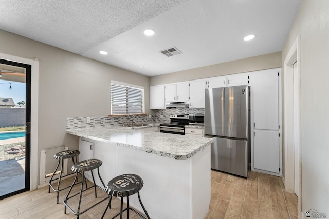 2213 W Pueblo St, Yuma, AZ 85364 - kitchen featuring stainless steel appliances, a peninsula, light wood finished floors, decorative backsplash, and a textured ceiling