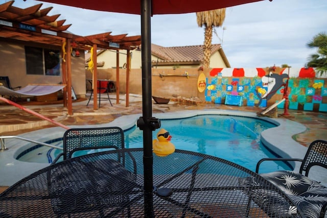 outdoor pool with a pergola, fence private yard, and a patio
