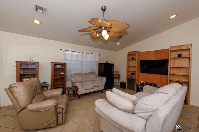 living room featuring a ceiling fan, visible vents, recessed lighting, and vaulted ceiling